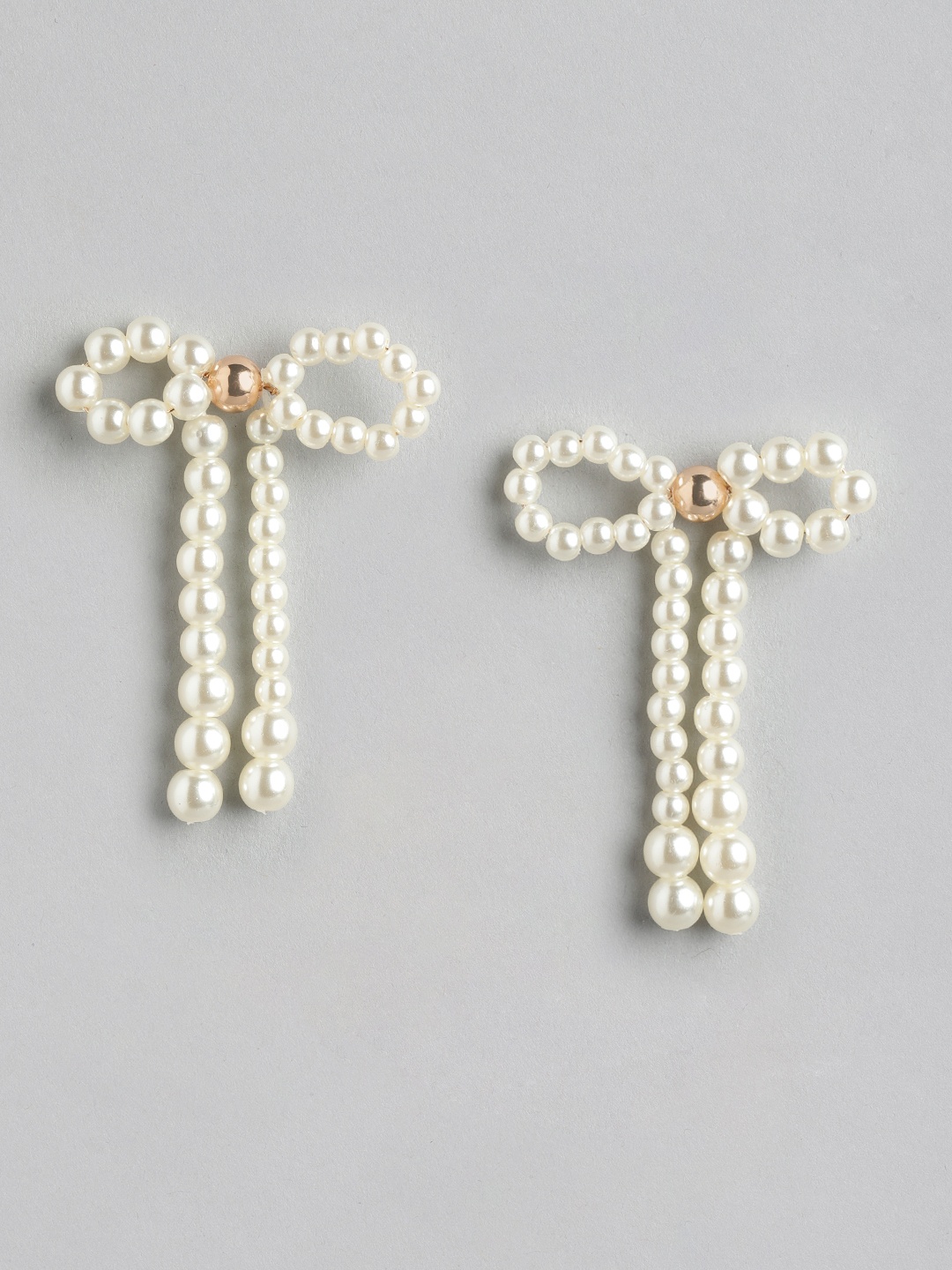 

Forever New Gold Plated Beaded Bow Shaped Contemporary Drop Earrings, White
