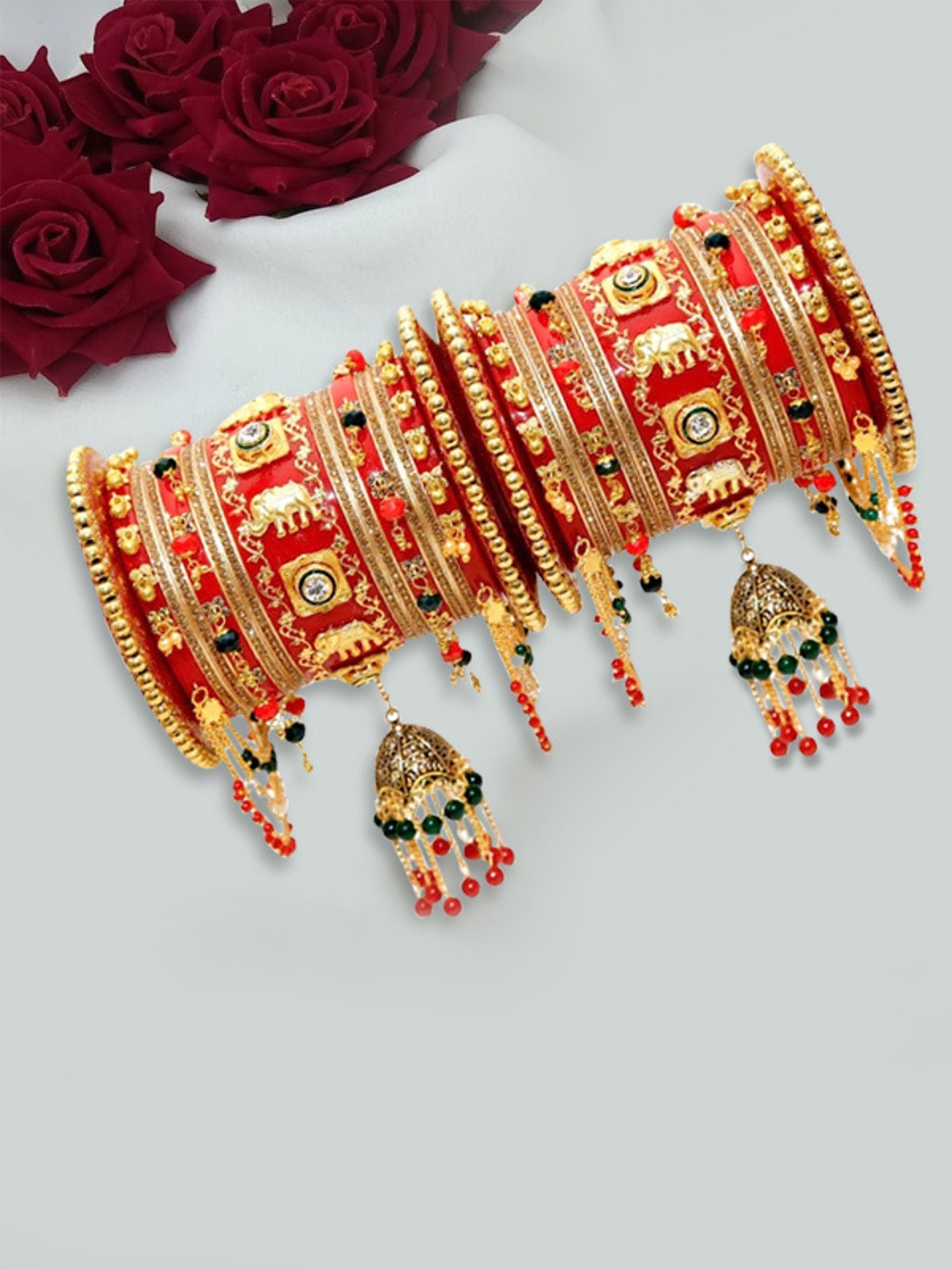 

Zindura Set Of 2 Gold-Plated Stone Studded & Beaded Chuda Bangles