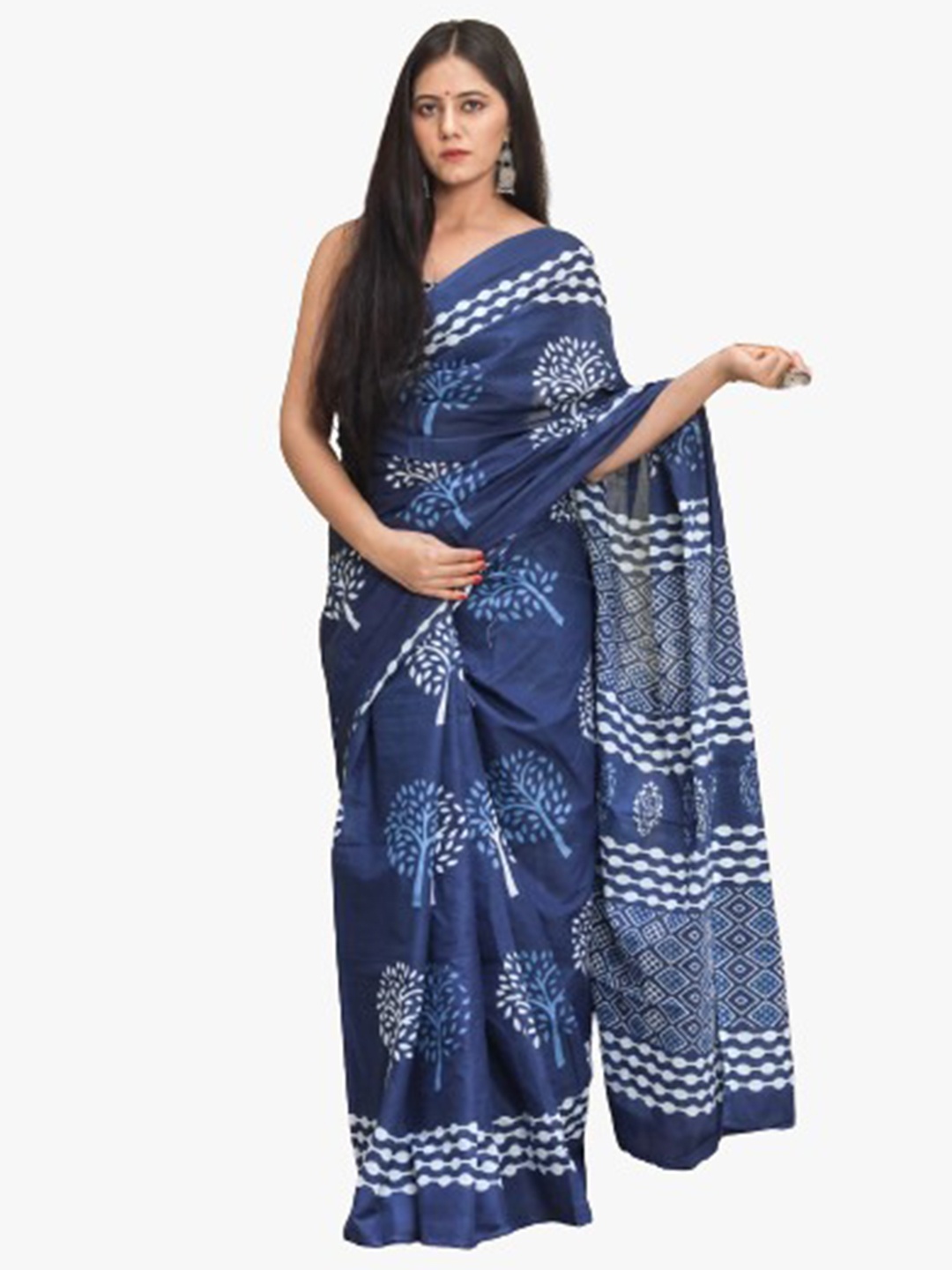 

JALTHER Ethnic Motifs Pure Cotton Block Print Saree, Blue