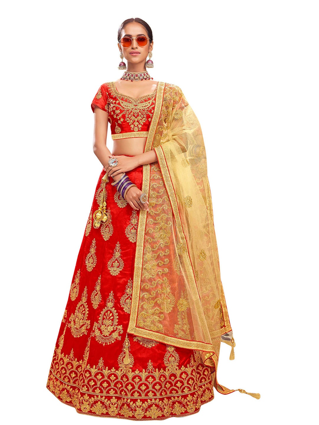 

MANVAA Red & Gold-Toned Embroidered Thread Work Semi-Stitched Lehenga & Unstitched Blouse With Dupatta