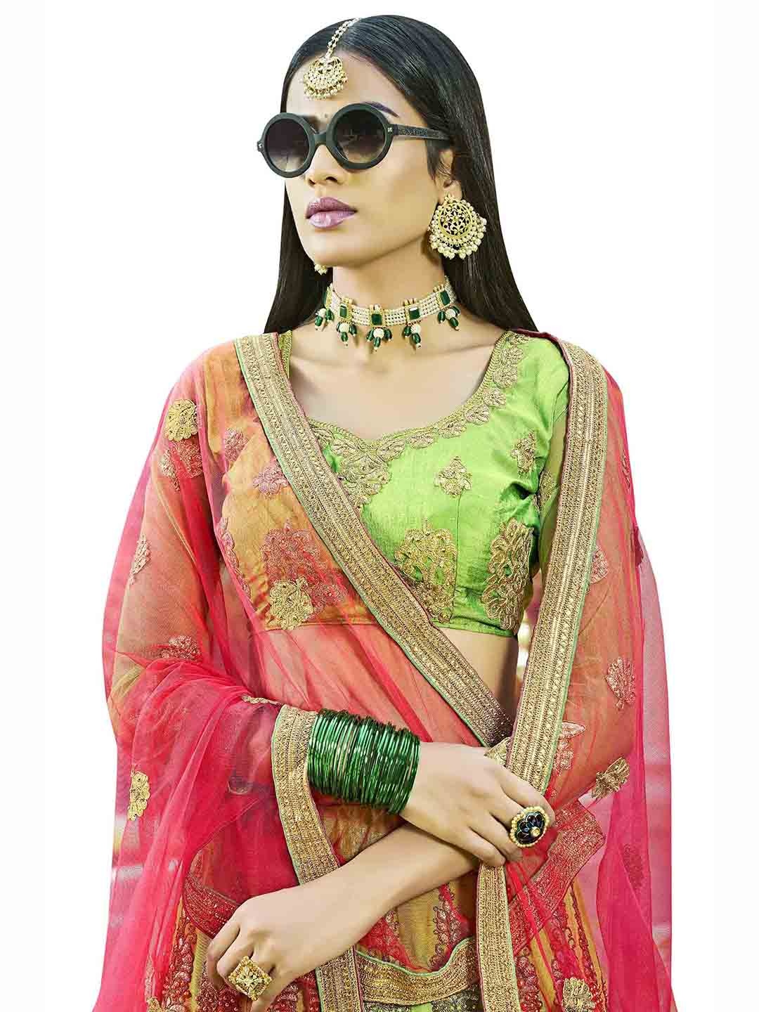 

MANVAA Green & Pink Embroidered Thread Work Semi-Stitched Lehenga & Unstitched Blouse With Dupatta