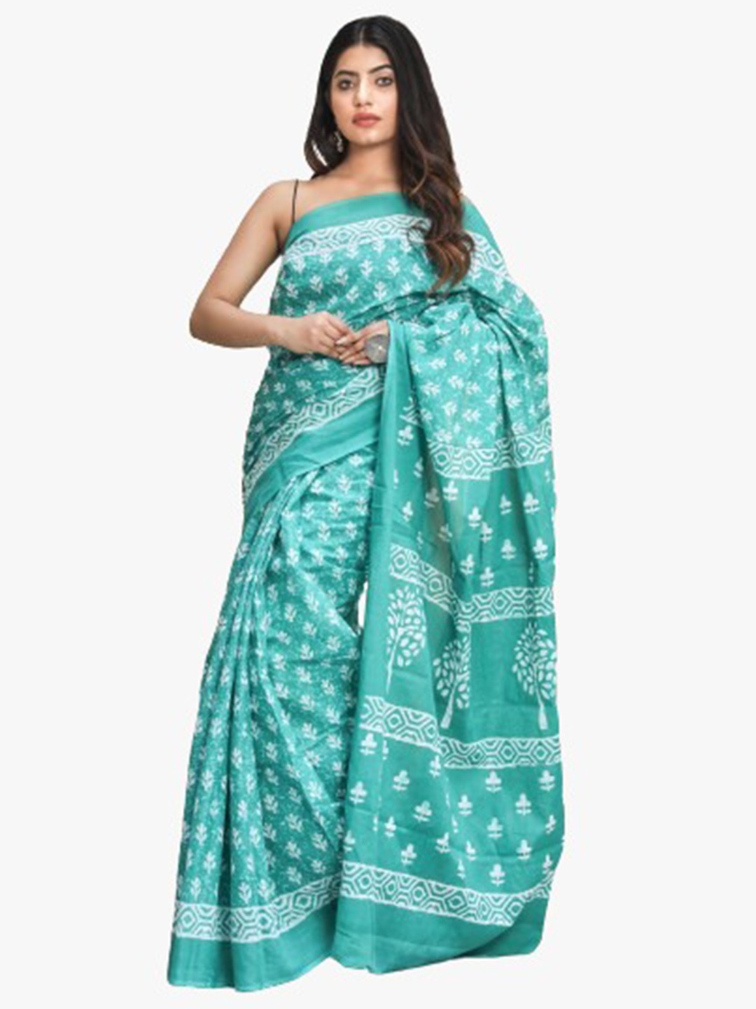 

JALTHER Ethnic Motifs Pure Cotton Block Print Saree, Green