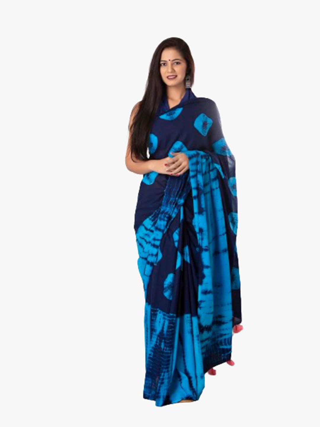 

TROPWEAR Bandhani Block Print Pure Cotton Saree, Blue