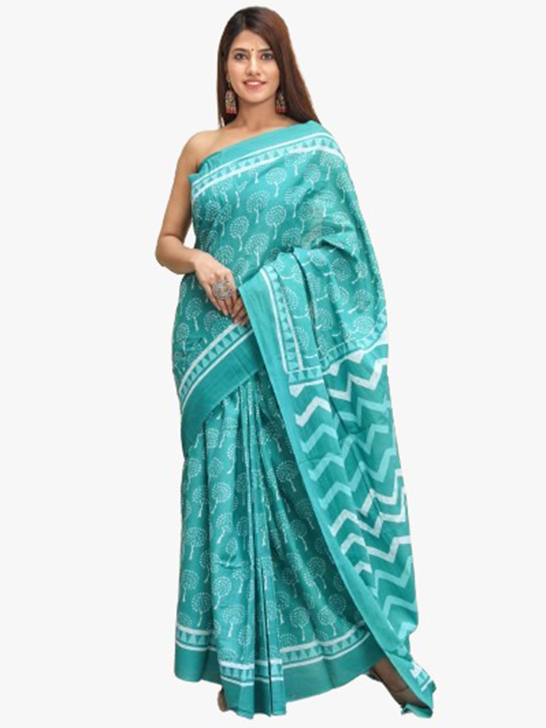 

JALTHER Ethnic Motifs Pure Cotton Block Print Saree, Turquoise blue