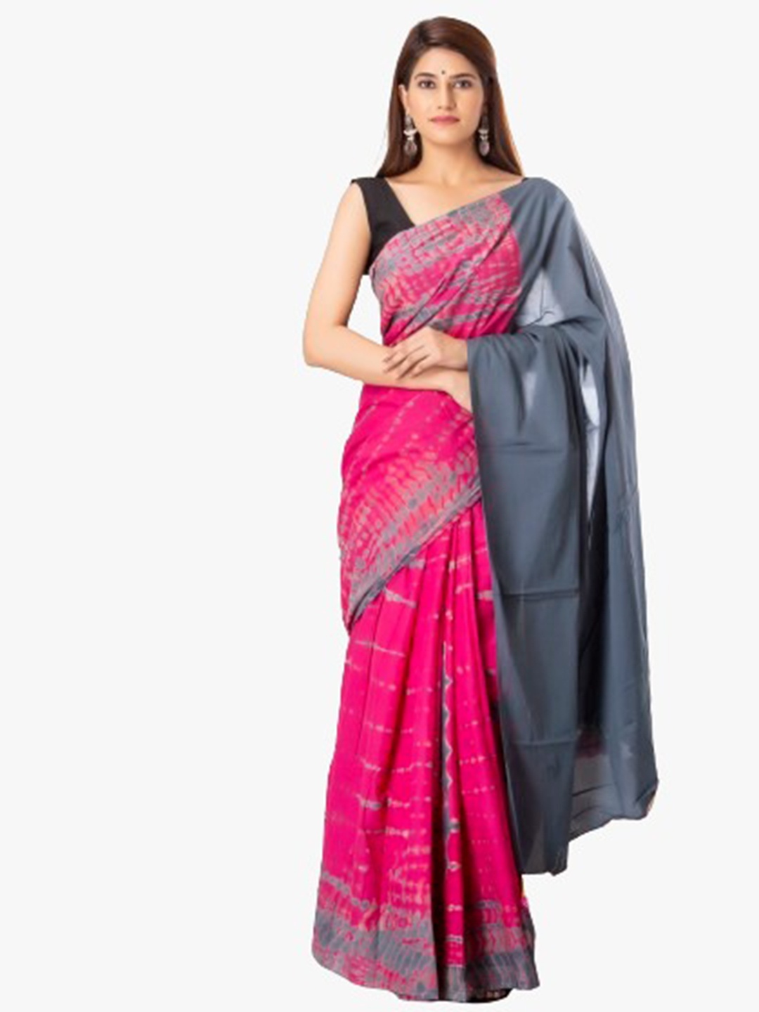 

TROPWEAR Pink & Grey Tie and Dye Pure Cotton Block Print Saree