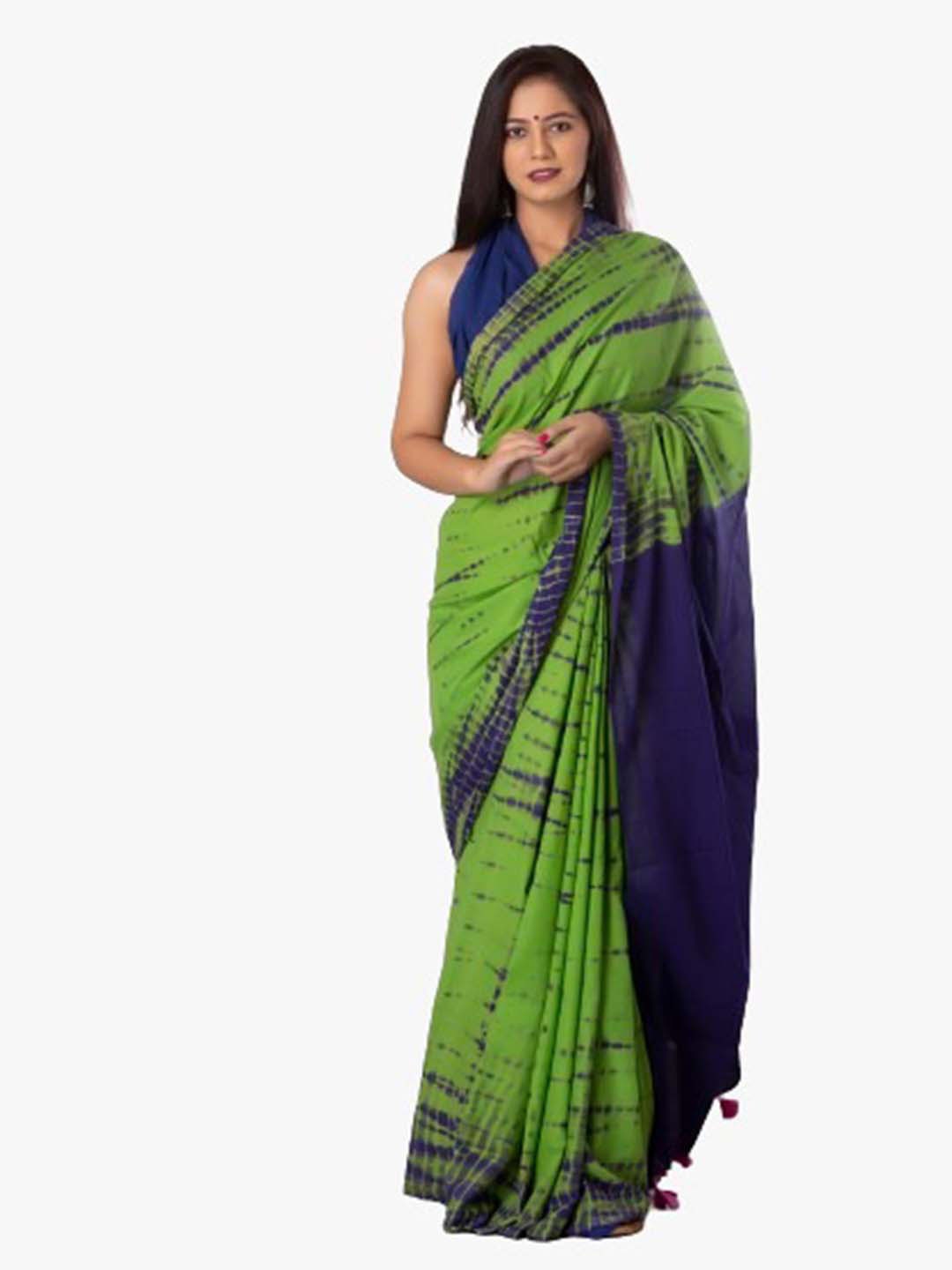 

KIAARON Tie and Dye Pure Cotton Block Print Saree, Green