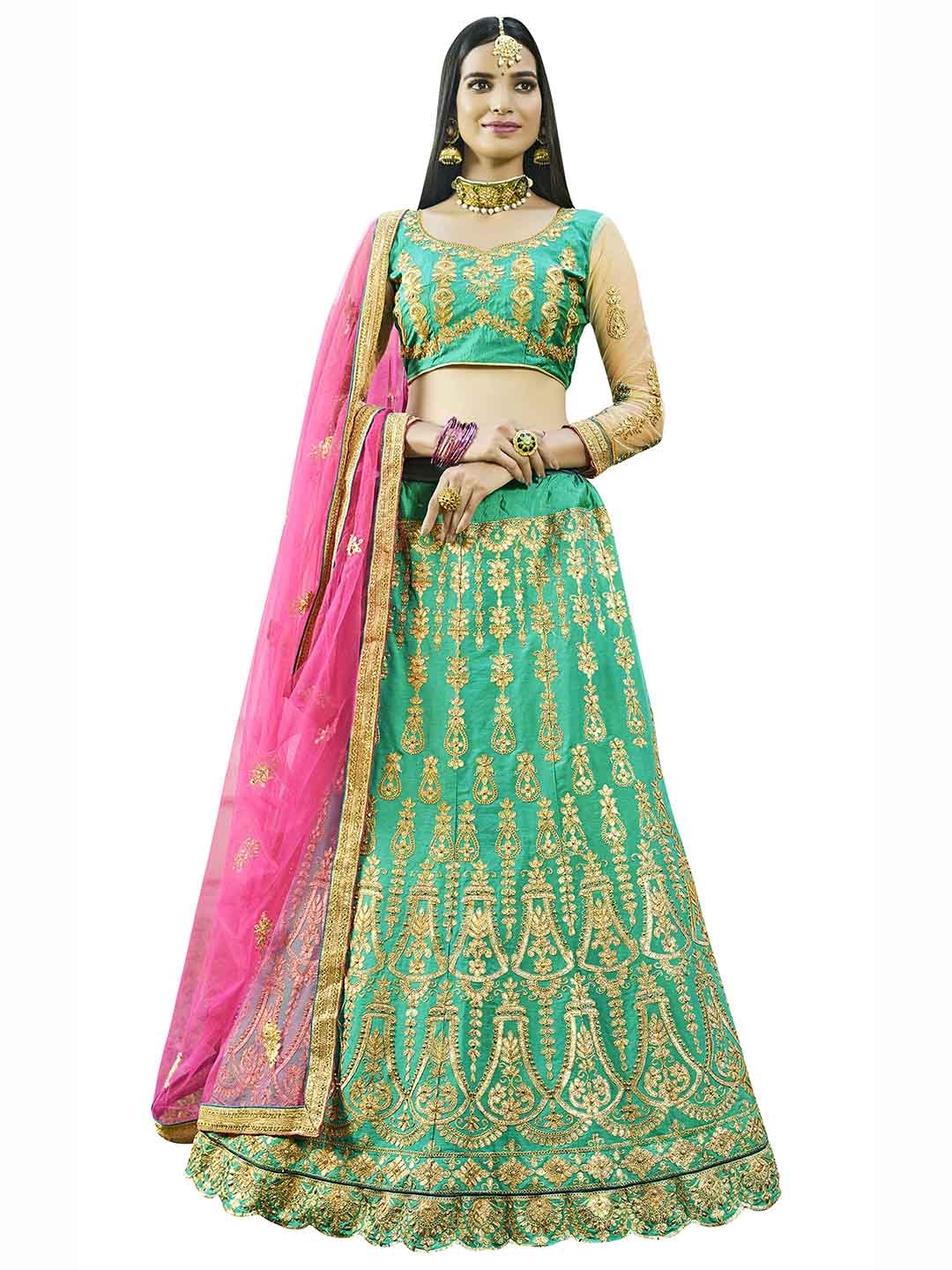 

MANVAA Lime Green & Pink Embroidered Thread Work Semi-Stitched Lehenga & Unstitched Blouse With Dupatta