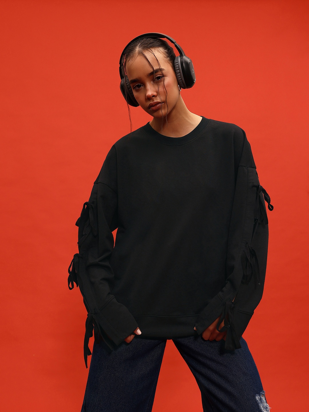 

glitchez Street Knot Slit Sleeves Terry Oversized Sweatshirt, Black