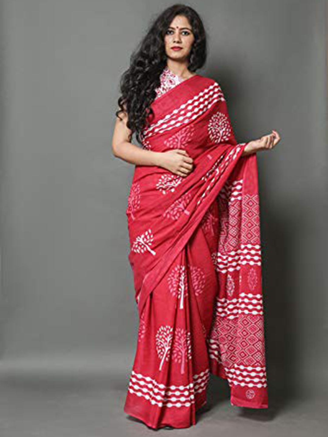 

JALTHER Ethnic Motifs Pure Cotton Block Print Saree, Pink
