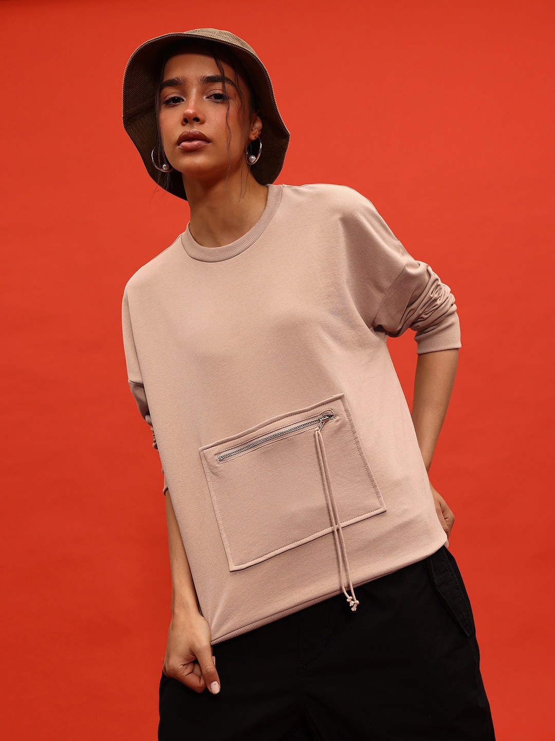 

glitchez Terry Streetwear Box Pocket Oversized Sweatshirt, Beige