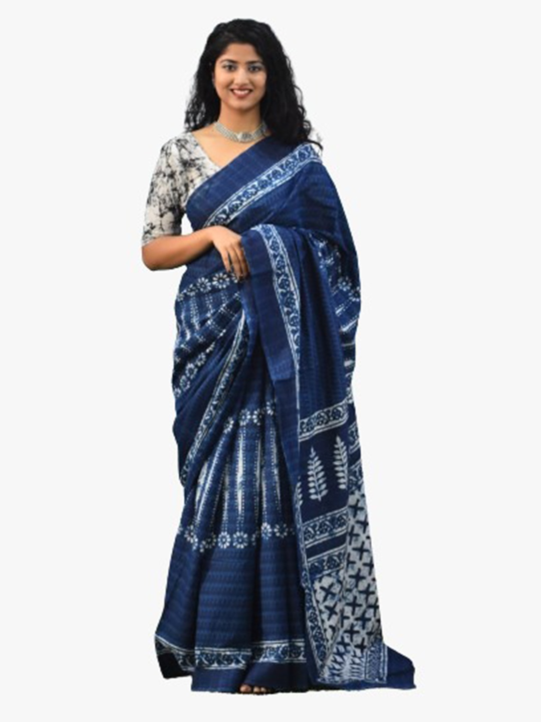 

TROPWEAR Ethnic Motifs Block Print Pure Cotton Saree, Blue
