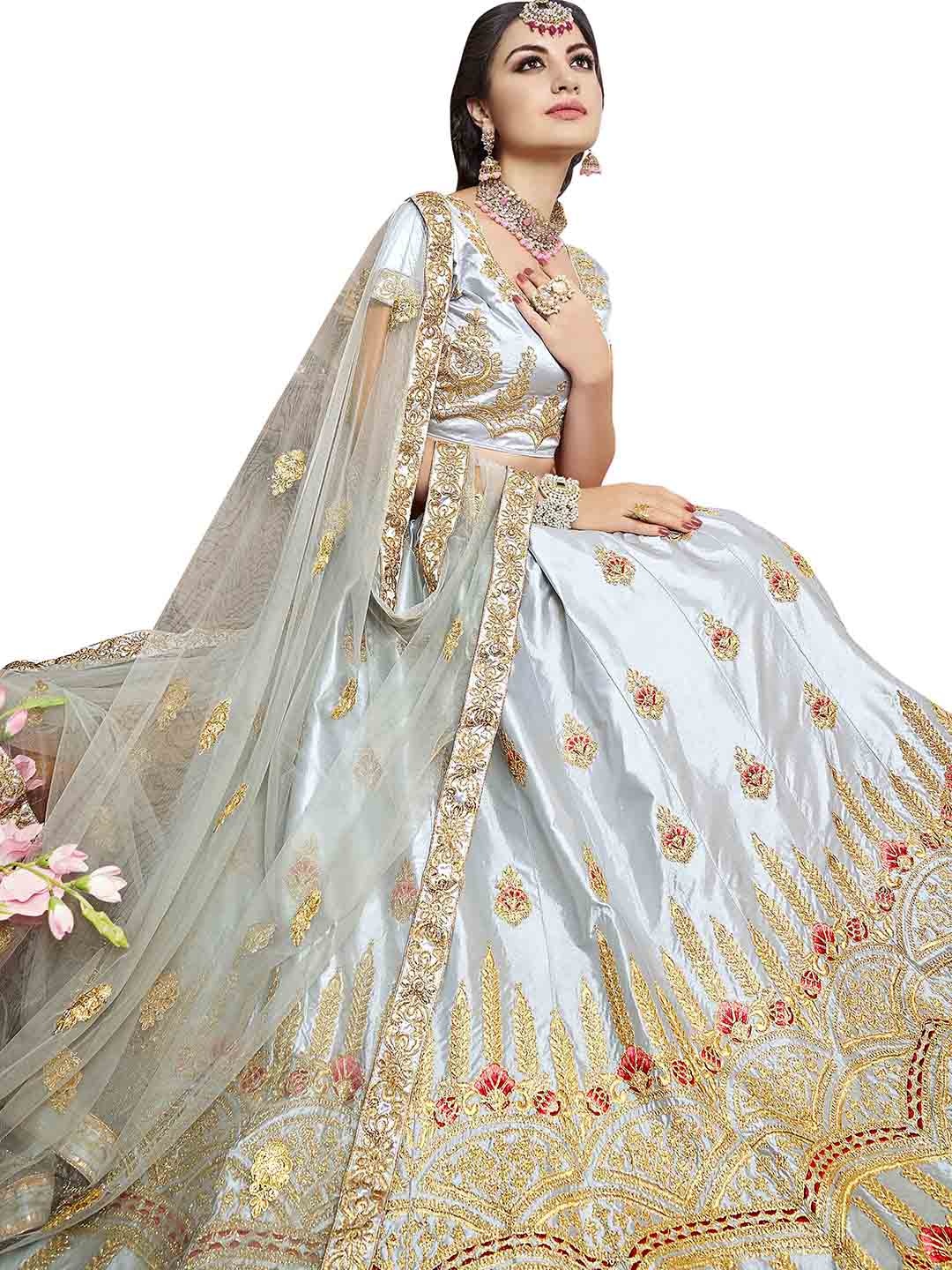 

MANVAA Grey & Red Embroidered Semi-Stitched Lehenga & Unstitched Blouse With Dupatta