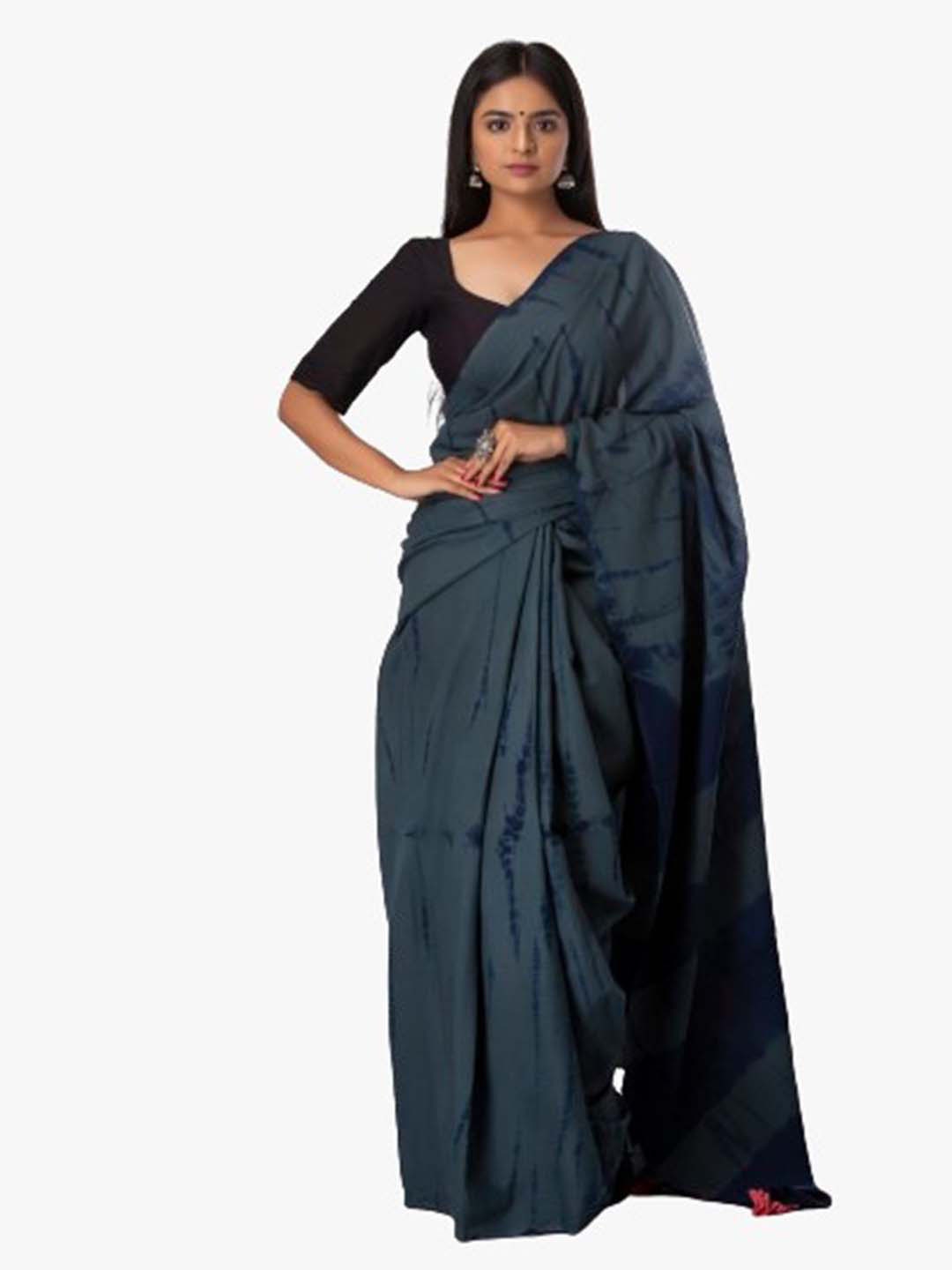 

TROPWEAR Tie and Dye Block Print Pure Cotton Saree, Grey