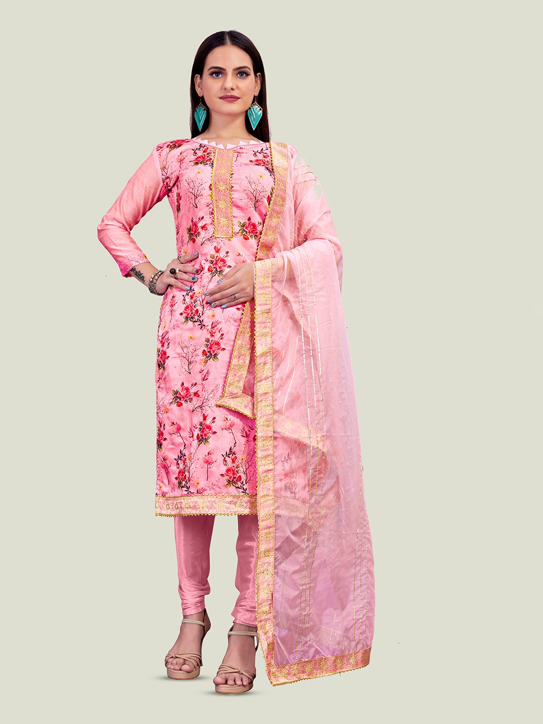 

Maroosh Floral Printed Embroidered Gotta Patti Chanderi Unstitched Dress Material, Pink