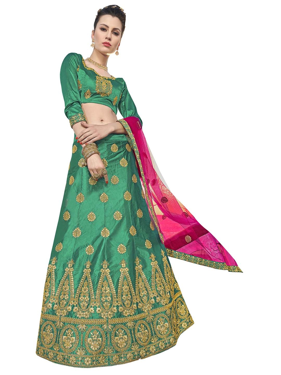 

MANVAA Green & Pink Embroidered Thread Work Semi-Stitched Lehenga & Unstitched Blouse With Dupatta