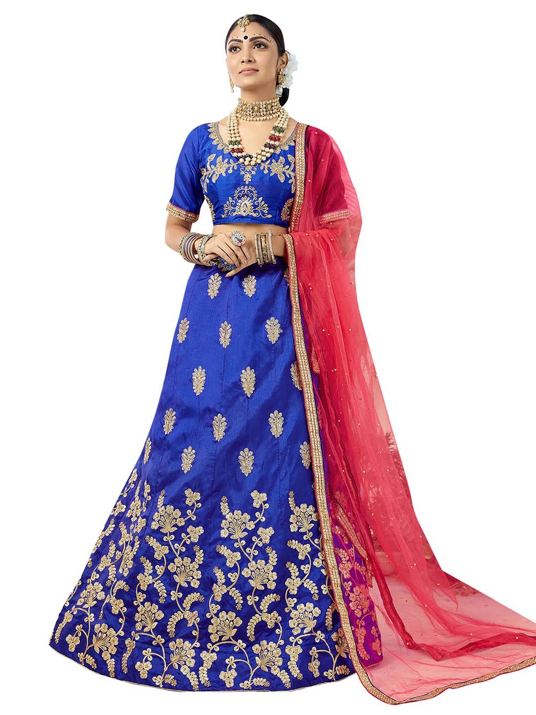 

MANVAA Blue & Pink Embroidered Thread Work Semi-Stitched Lehenga & Unstitched Blouse With Dupatta