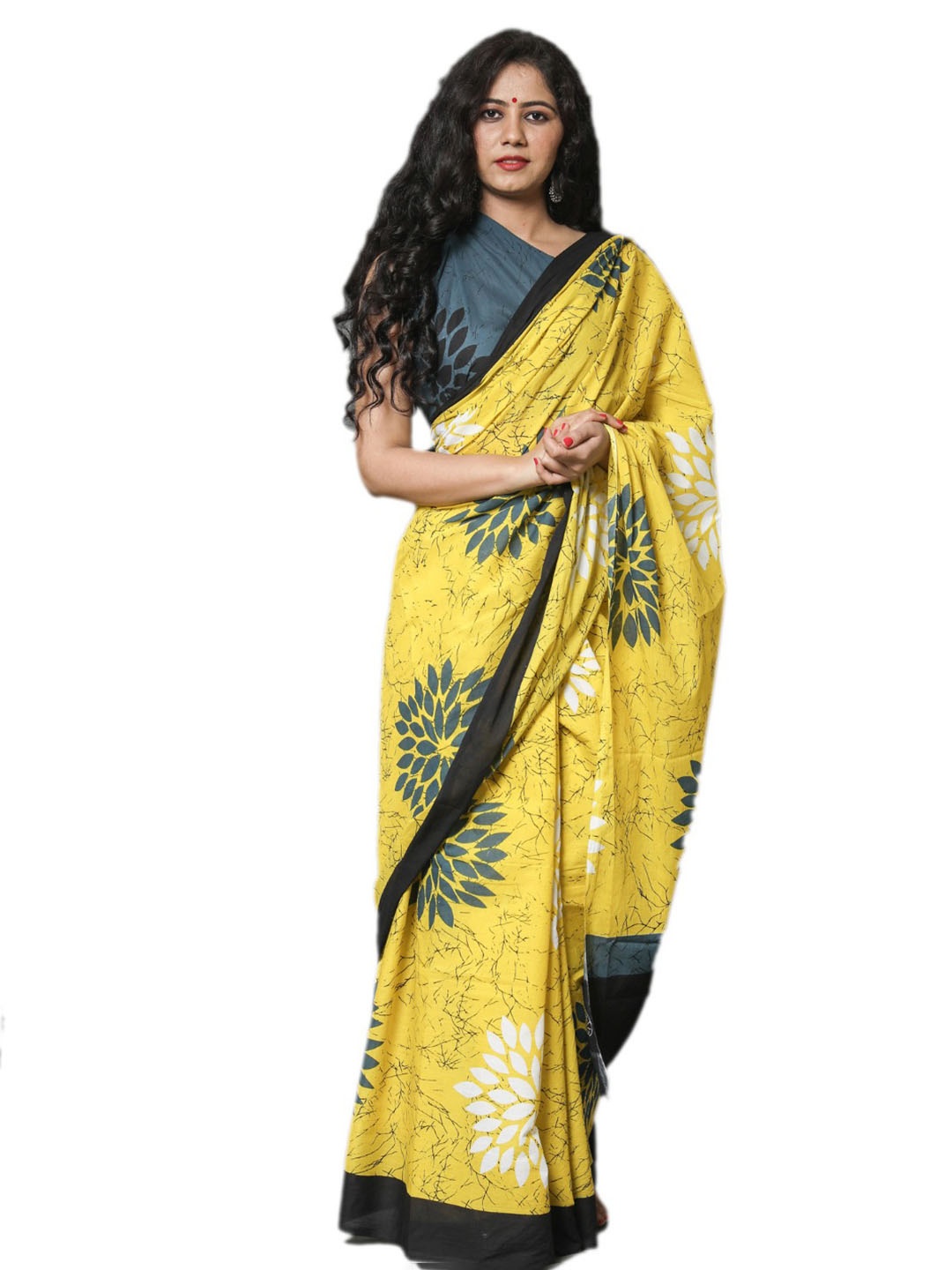

KIAARON Ethnic Motifs Block Print Pure Cotton Saree, Yellow