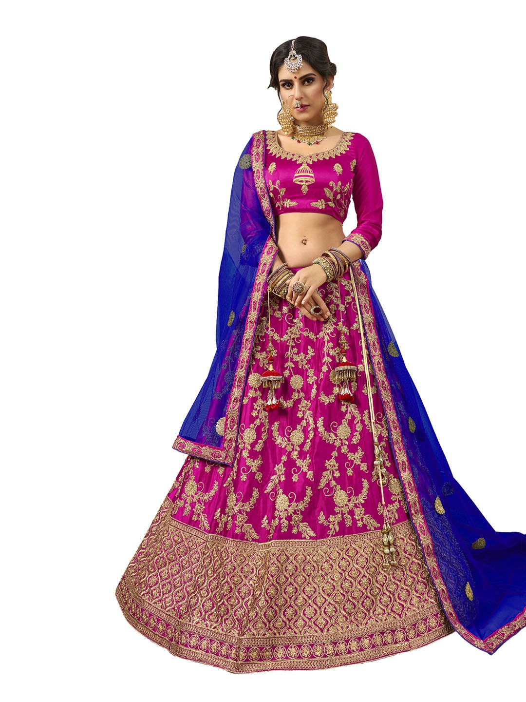 

MANVAA Purple & Blue Embroidered Thread Work Semi-Stitched Lehenga & Unstitched Blouse With Dupatta