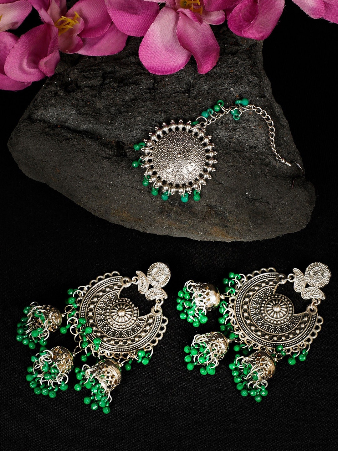 

Oxidized Heaven Sterling Silver-Plated Beaded Maang Tika and Earrings