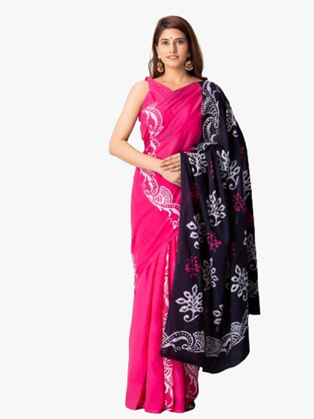 

TROPWEAR Pink & Blue Ethnic Motifs Pure Cotton Block Print Saree