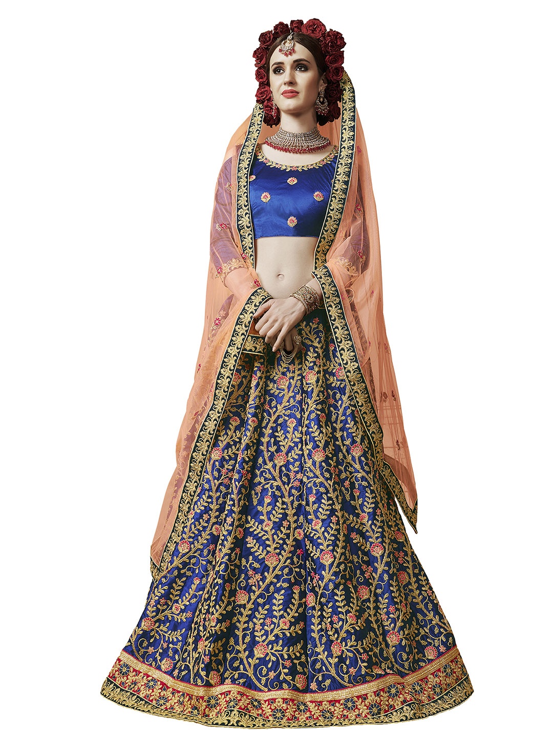 

MANVAA Blue & Pink Embroidered Thread Work Semi-Stitched Lehenga & Unstitched Blouse With Dupatta