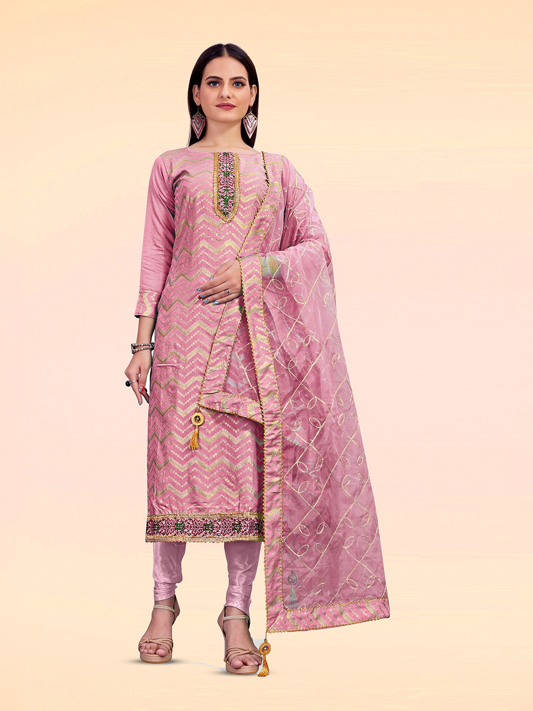 

Maroosh Chervon Woven Design Embroidered Sequence Chanderi Unstitched Dress Material, Pink