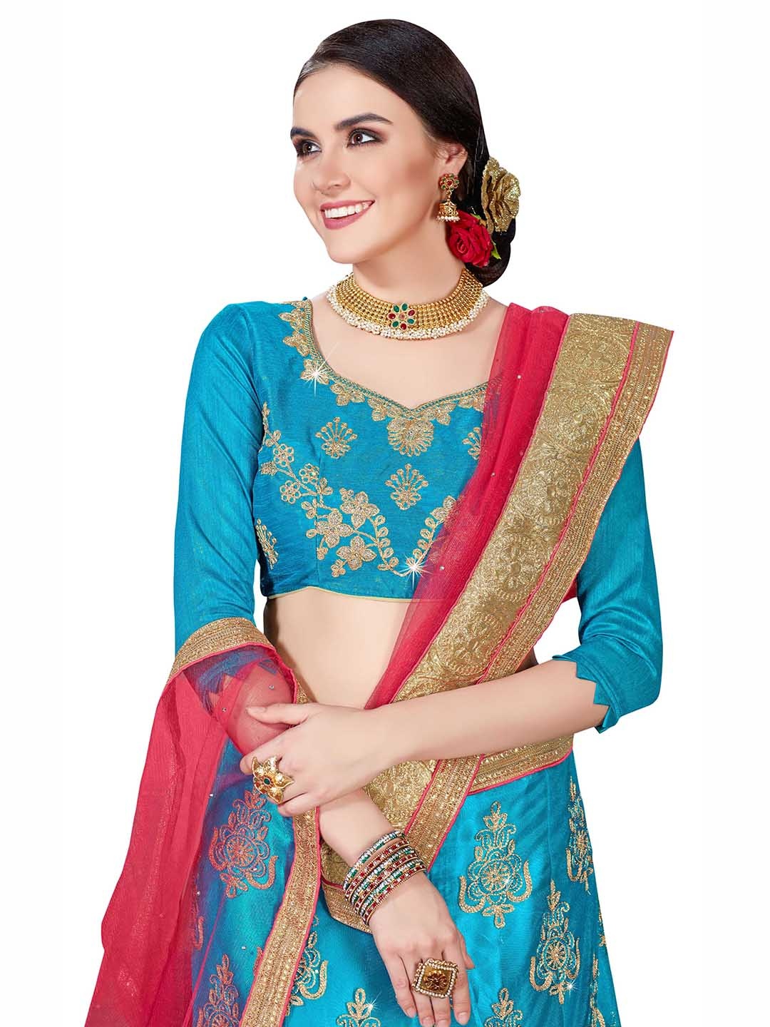 

MANVAA Blue & Pink Embroidered Beads and Stones Semi-Stitched Lehenga & Unstitched Blouse With Dupatta