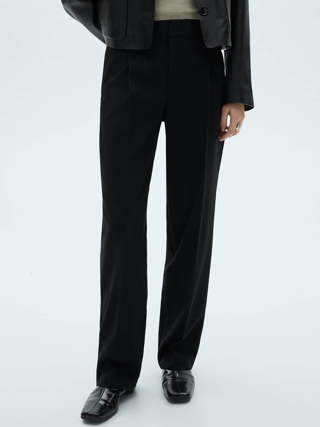 

MANGO Women Straight Fit Pleated Trousers, Black