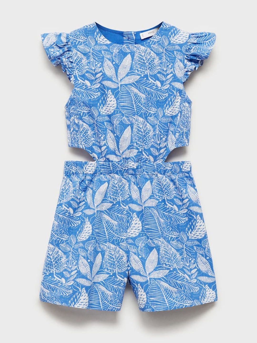 

Mango Kids Girls Tropical Print Pure Cotton Ruffled Jumpsuit With Cut-Out Detail, Blue