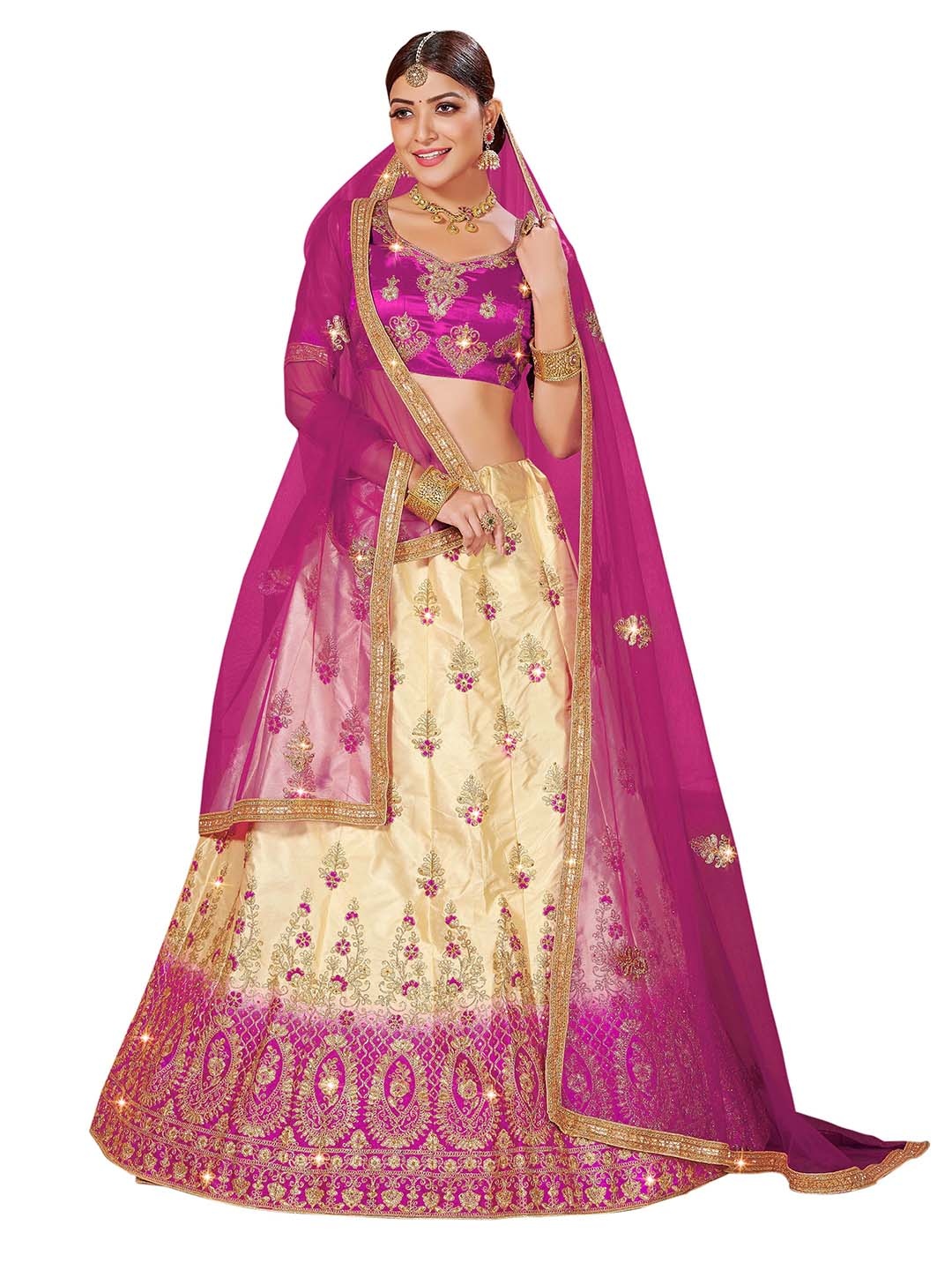 

MANVAA Beige & Purple Embroidered Thread Work Semi-Stitched Lehenga & Unstitched Blouse With Dupatta