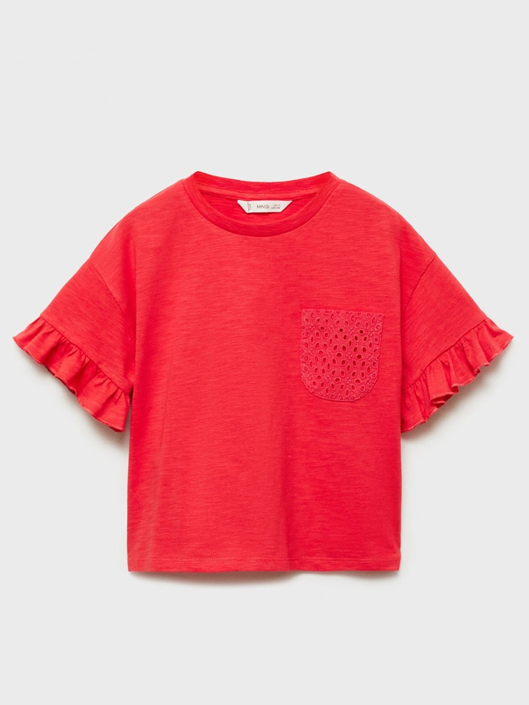 

Mango Kids Heathered Top with Schiffli Embroidered Patch Pocket, Red