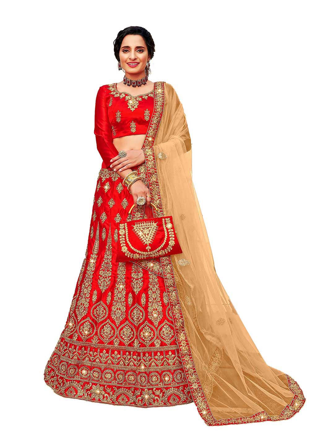 

MANVAA Red & Gold-Toned Embroidered Thread Work Semi-Stitched Lehenga & Unstitched Blouse With Dupatta