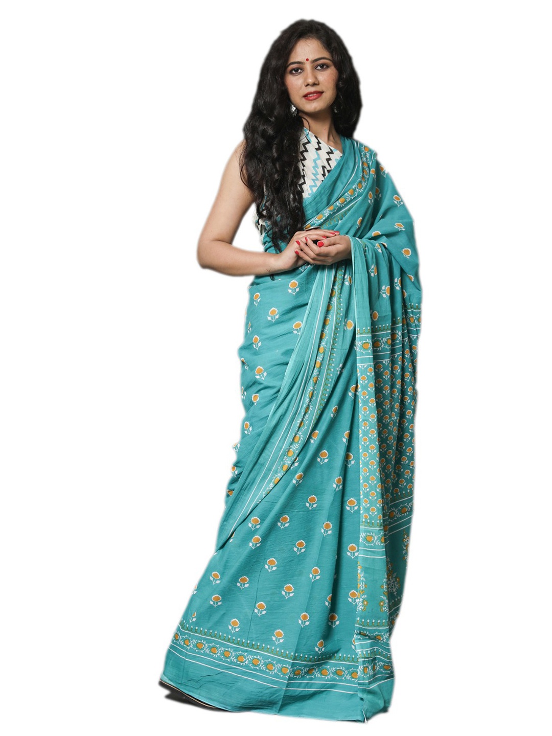 

KIAARON Turquoise Blue & Orange Floral Pure Cotton Block Print Saree