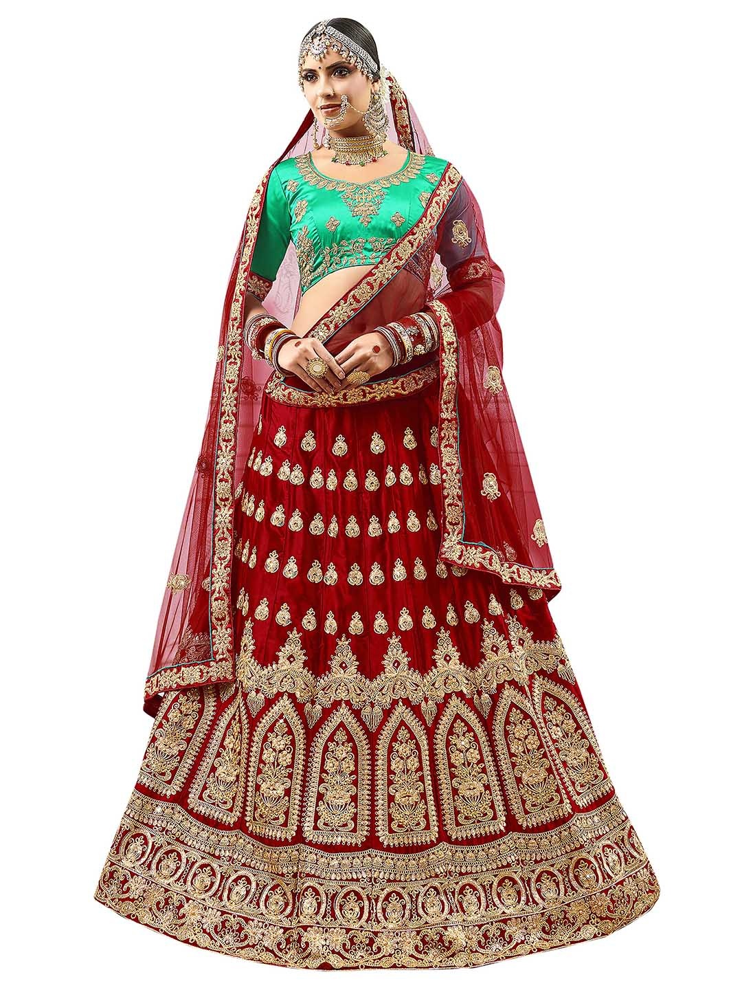 

MANVAA Maroon & Green Embroidered Thread Work Semi-Stitched Lehenga & Unstitched Blouse With Dupatta