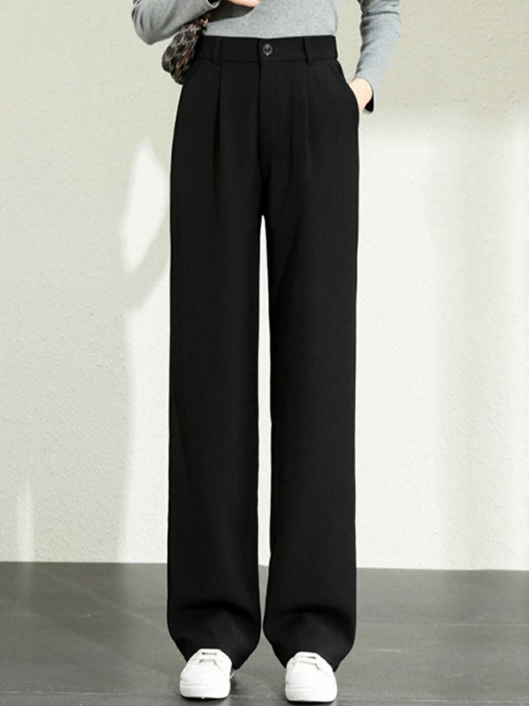 

BROADSTAR Women Smart Loose Fit High-Rise Easy Wash Trousers, Black