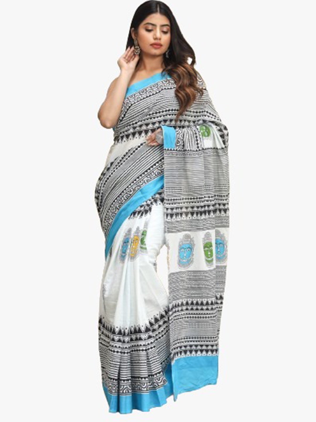

JALTHER Ethnic Motifs Pure Cotton Block Print Saree, White