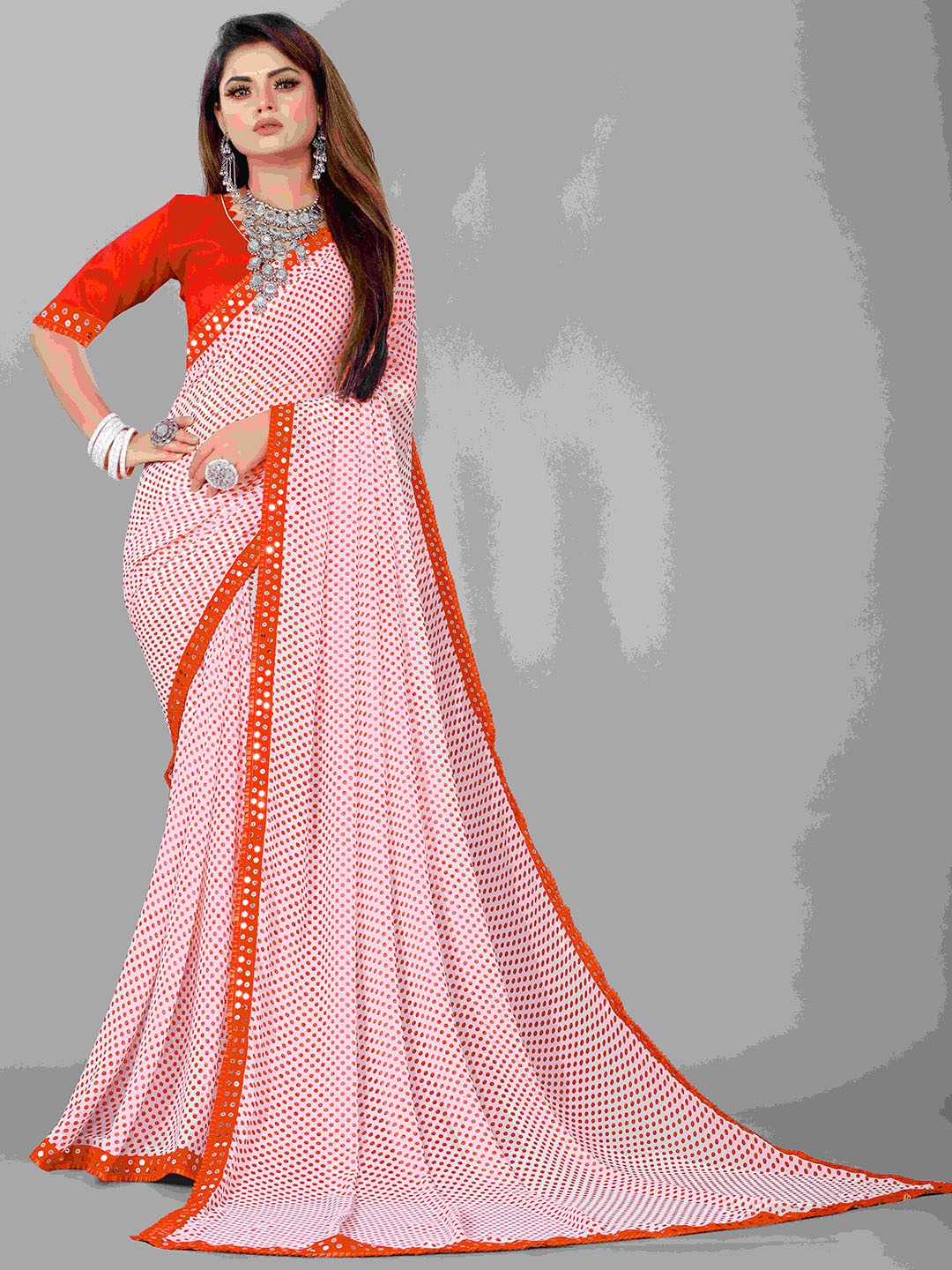 

Flip The Style Polka Dot Embroidered Pure Georgette Saree, Orange