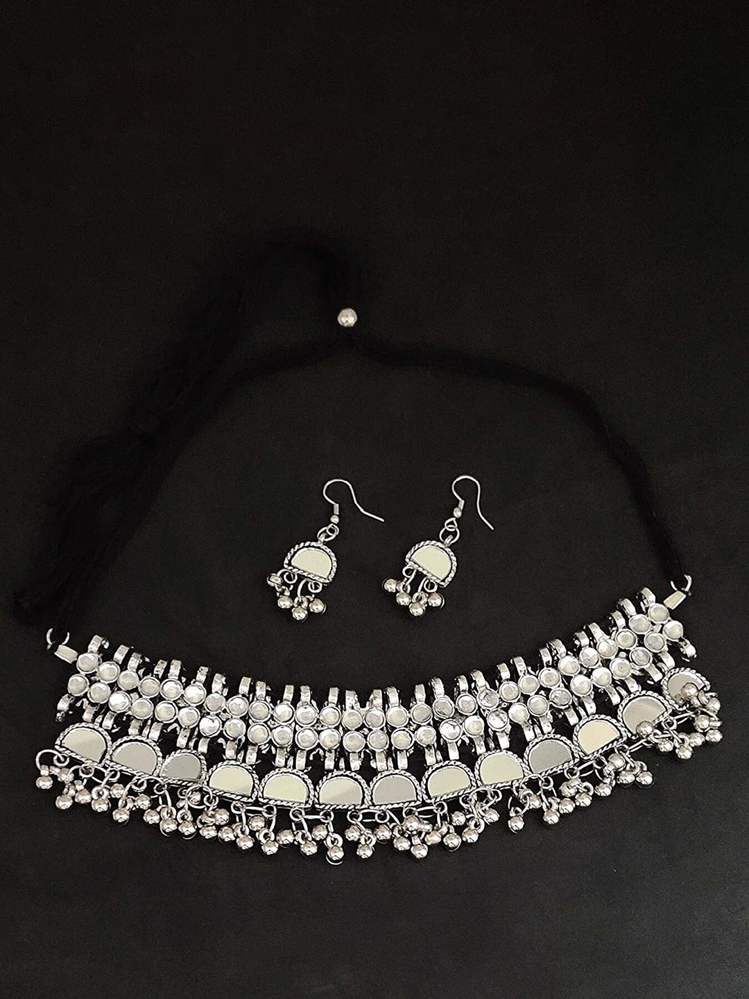 

Oxidized Heaven Silver Plated Mirror Studded & Beaded Necklace and Earrings