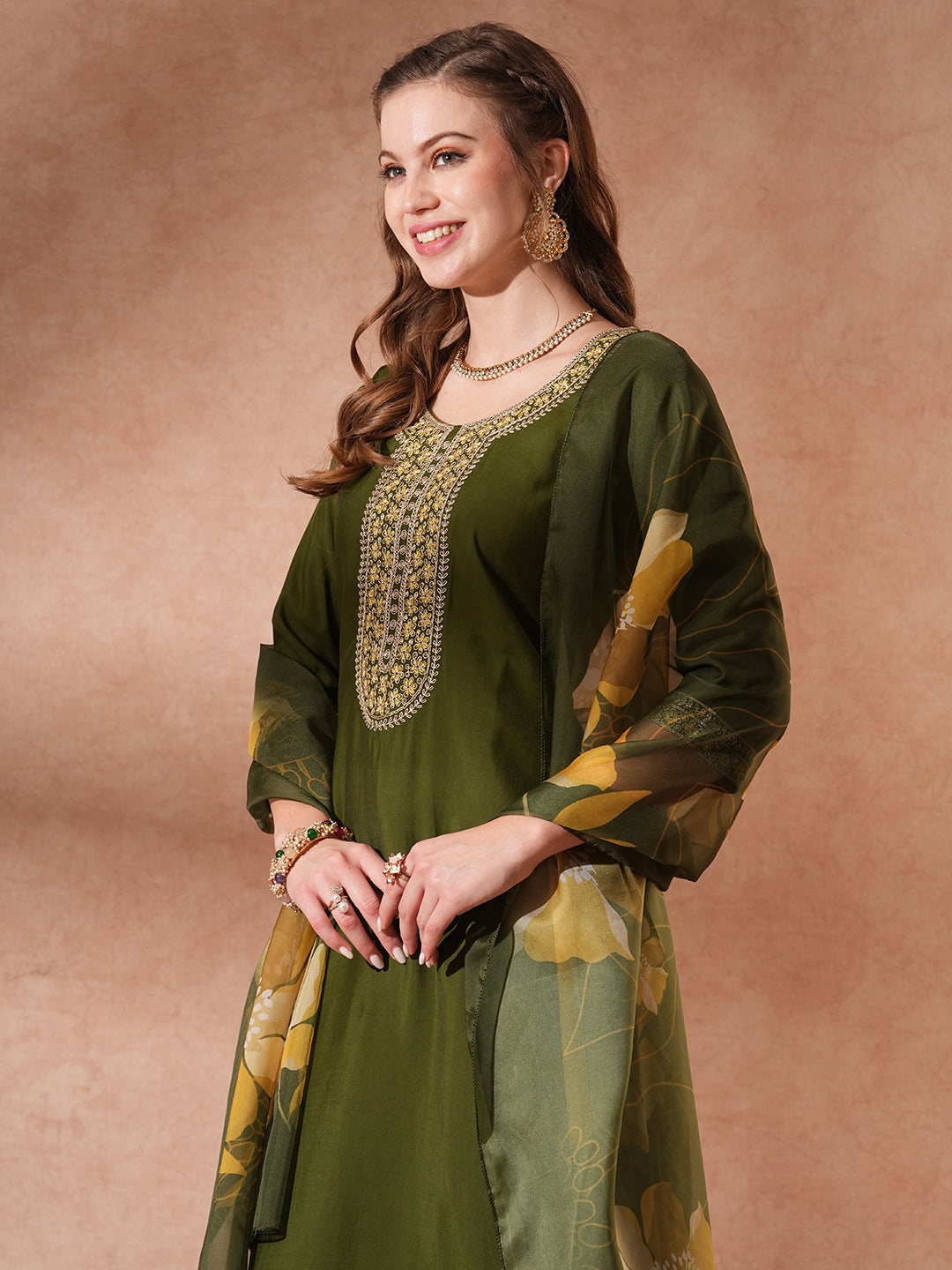 

PHYSIL Round Neck Floral Zari Embroidered Straight Kurta With Trouser & Dupatta, Green