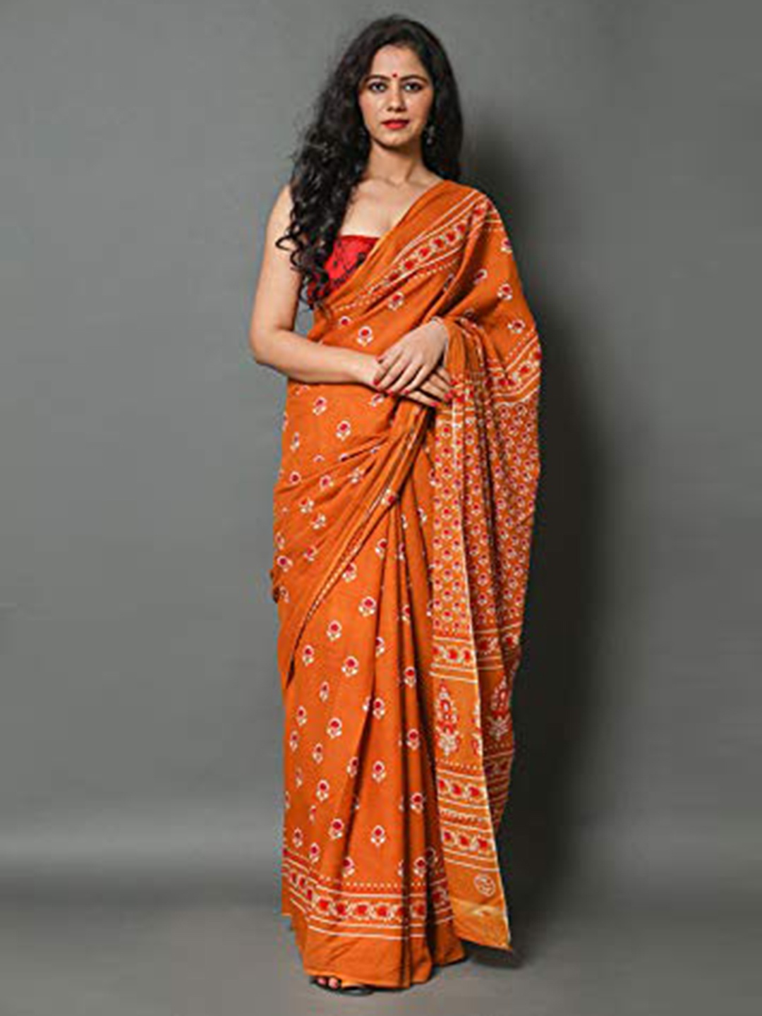 

clothonus Ethnic Motifs Pure Cotton Block Print Saree, Mustard