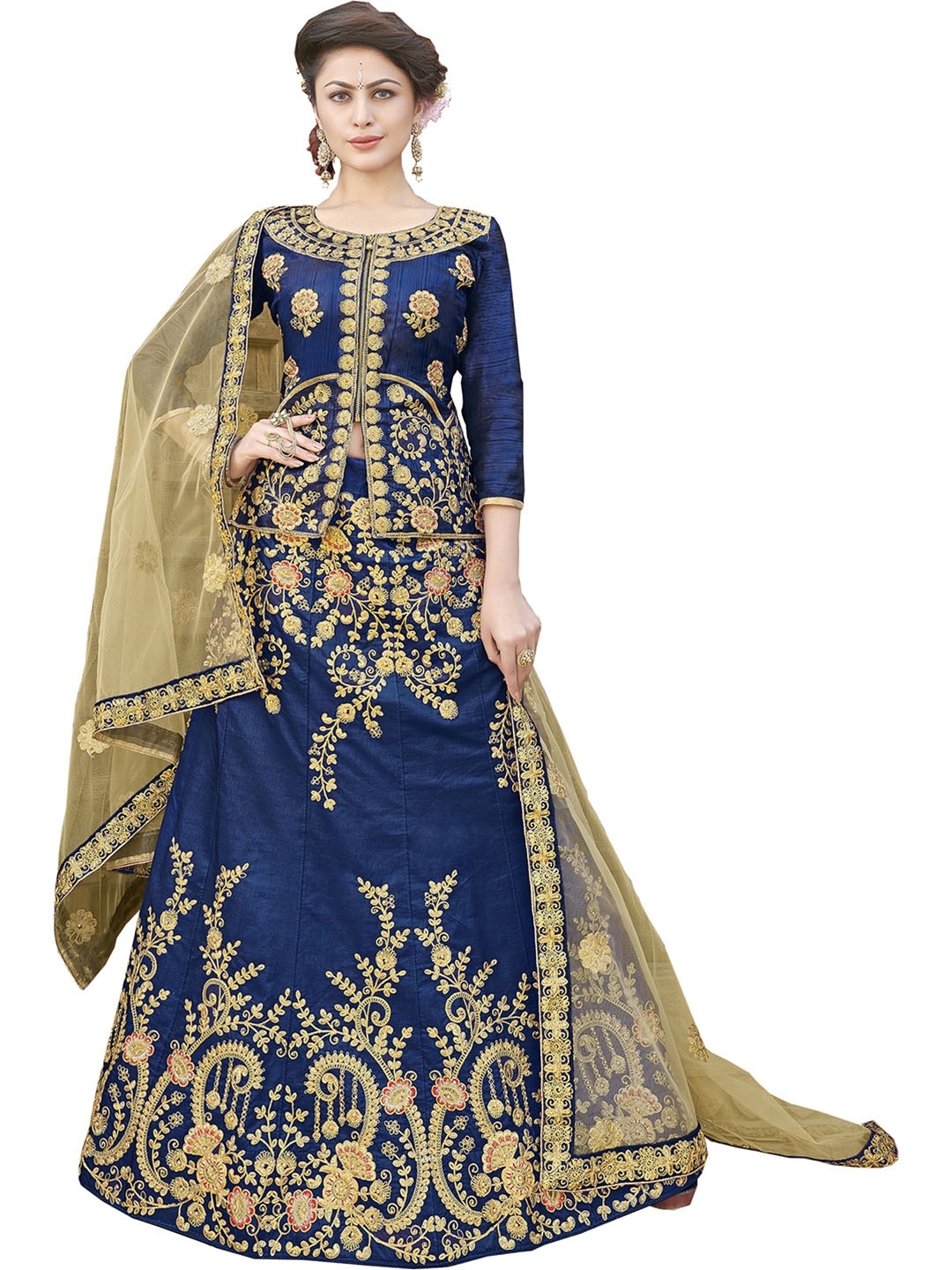 

MANVAA Blue & Gold-Toned Embroidered Thread Work Semi-Stitched Lehenga & Unstitched Blouse With Dupatta