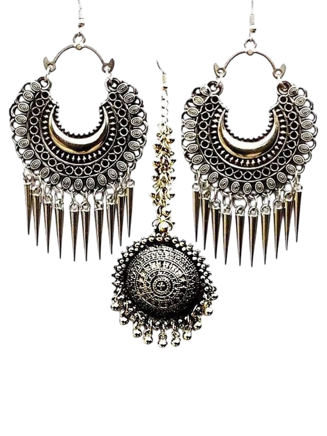 

Oxidized Heaven Gold-Plated Maang Tika and Earrings