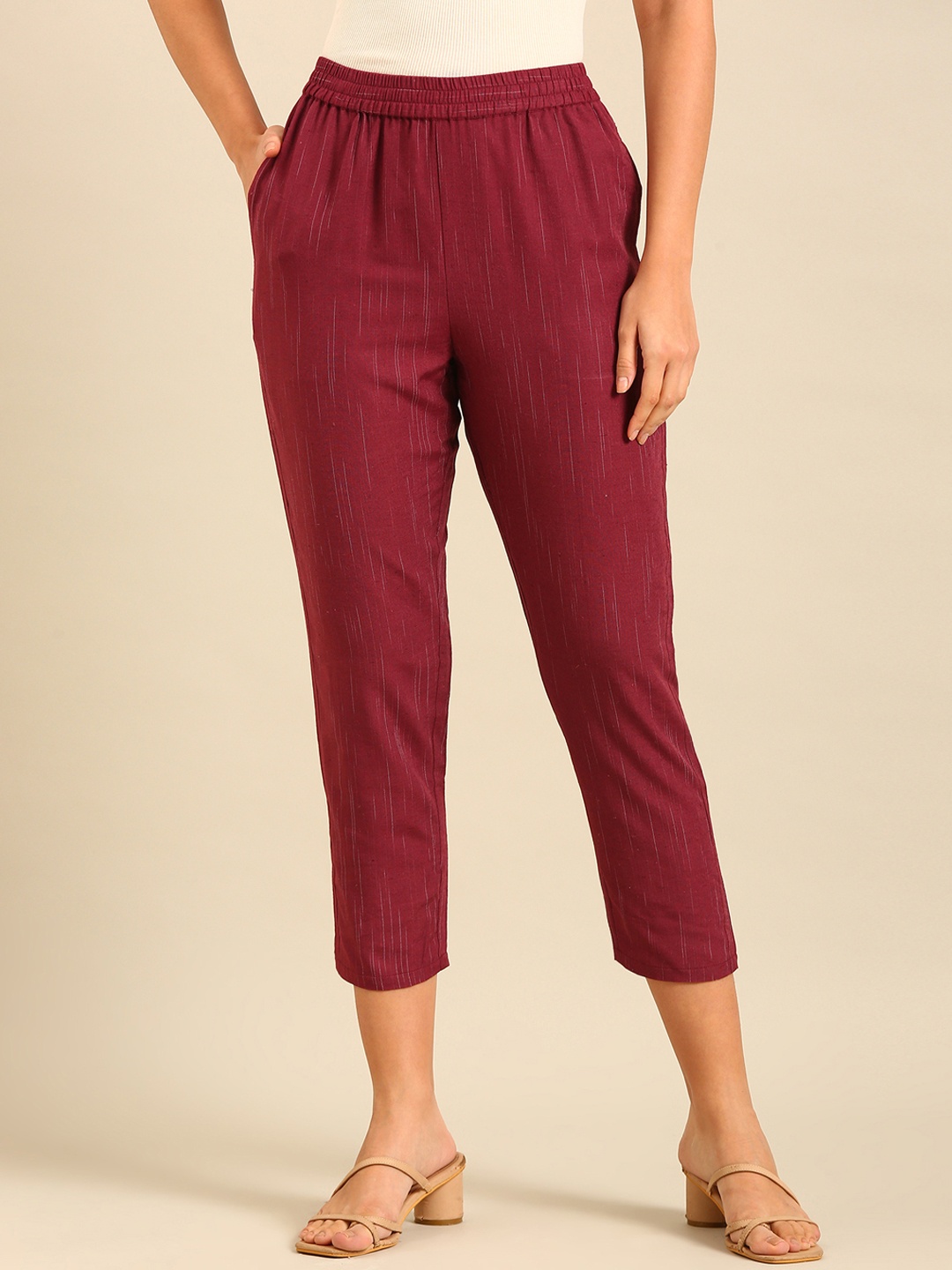 

De Moza Women Striped Chinos Trousers, Maroon