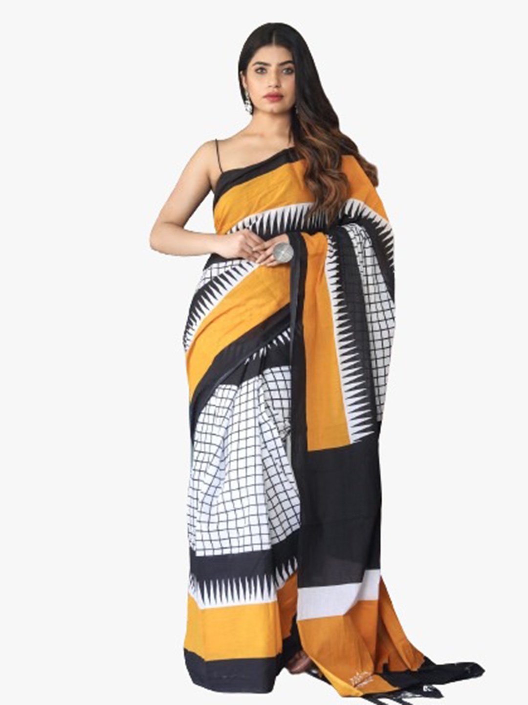 

KIAARON Checked Pure Cotton Block Print Saree, Yellow