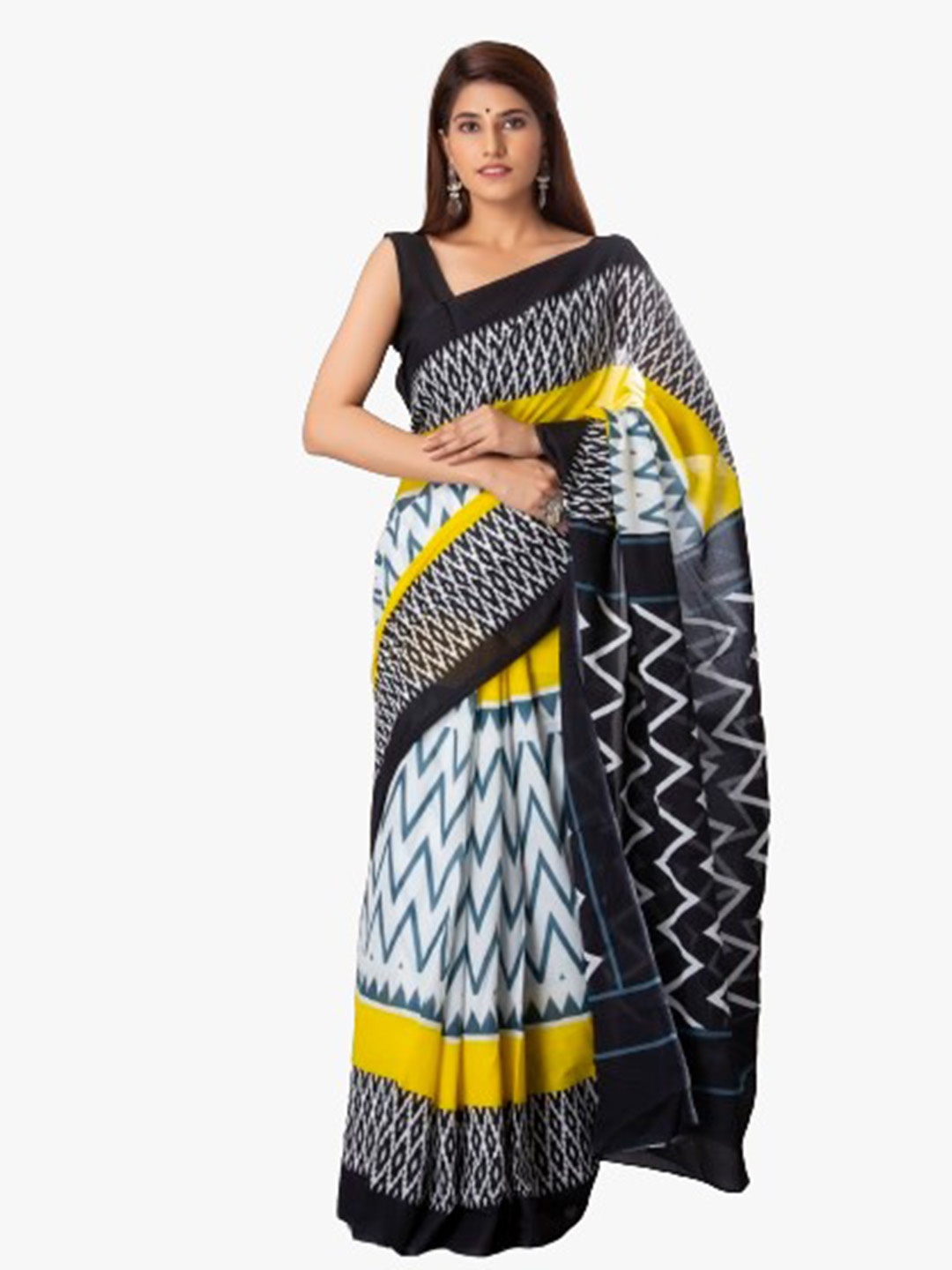 

TROPWEAR Block Print Pure Cotton Saree, Yellow