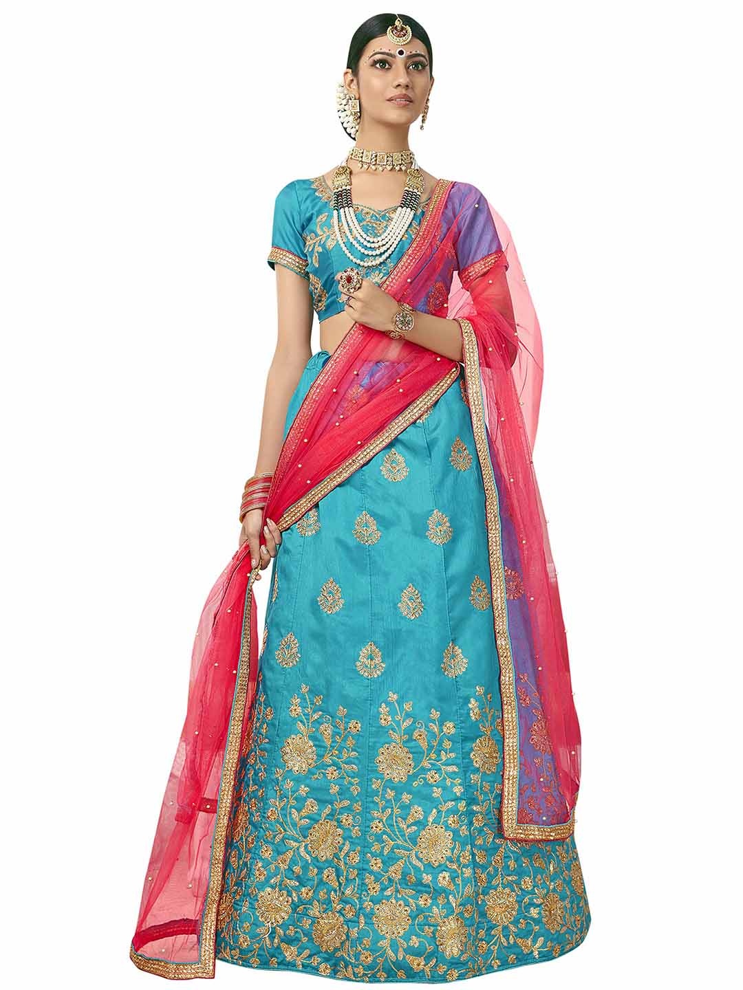 

MANVAA Blue & Pink Embroidered Thread Work Semi-Stitched Lehenga & Unstitched Blouse With Dupatta