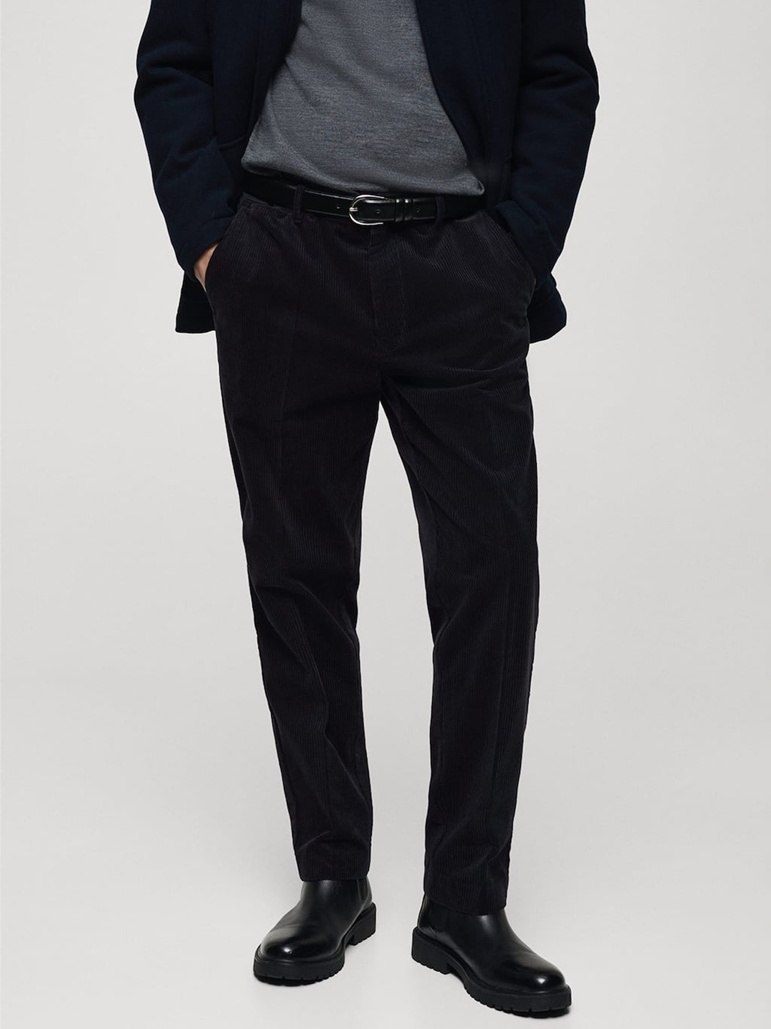 

MANGO MAN Pleated Corduroy Trousers, Black