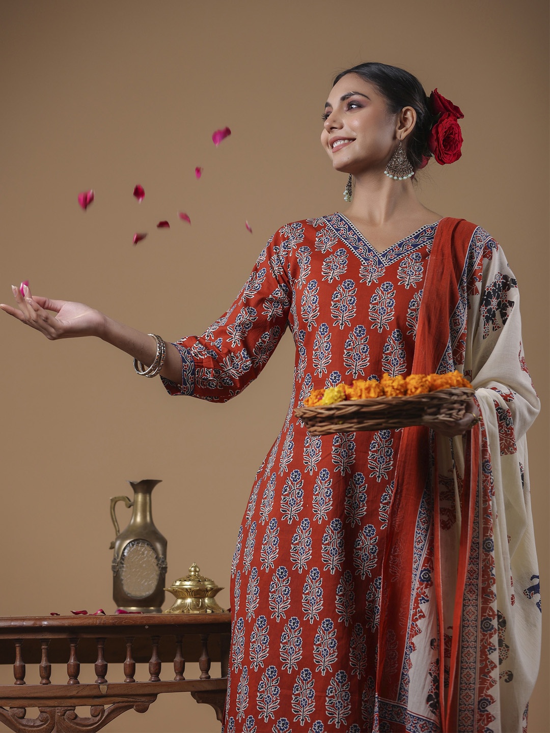 

Indo Era Women Rust Ethnic Motifs Printed Regular Pure Cotton Kurta with Trousers & With Dupatta