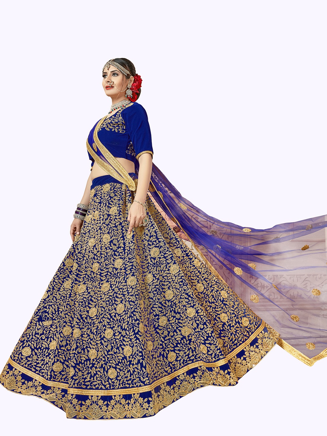 

MANVAA Embroidered Thread Work Semi-Stitched Lehenga & Unstitched Blouse With Dupatta, Blue