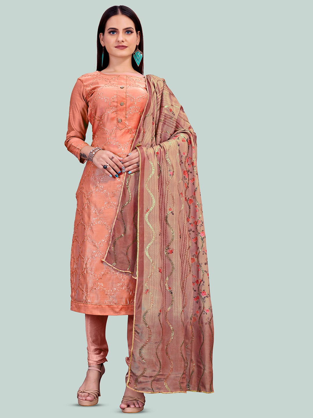 

Maroosh Floral Embroidered Sequinned Chanderi Unstitched Dress Material, Peach